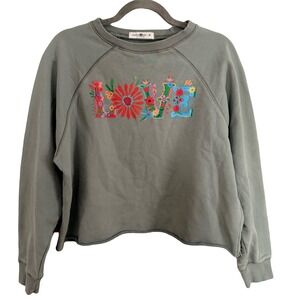 Natural Life Love Floral Cropped Crewneck Sweatshirt Sage Green Medium Spring